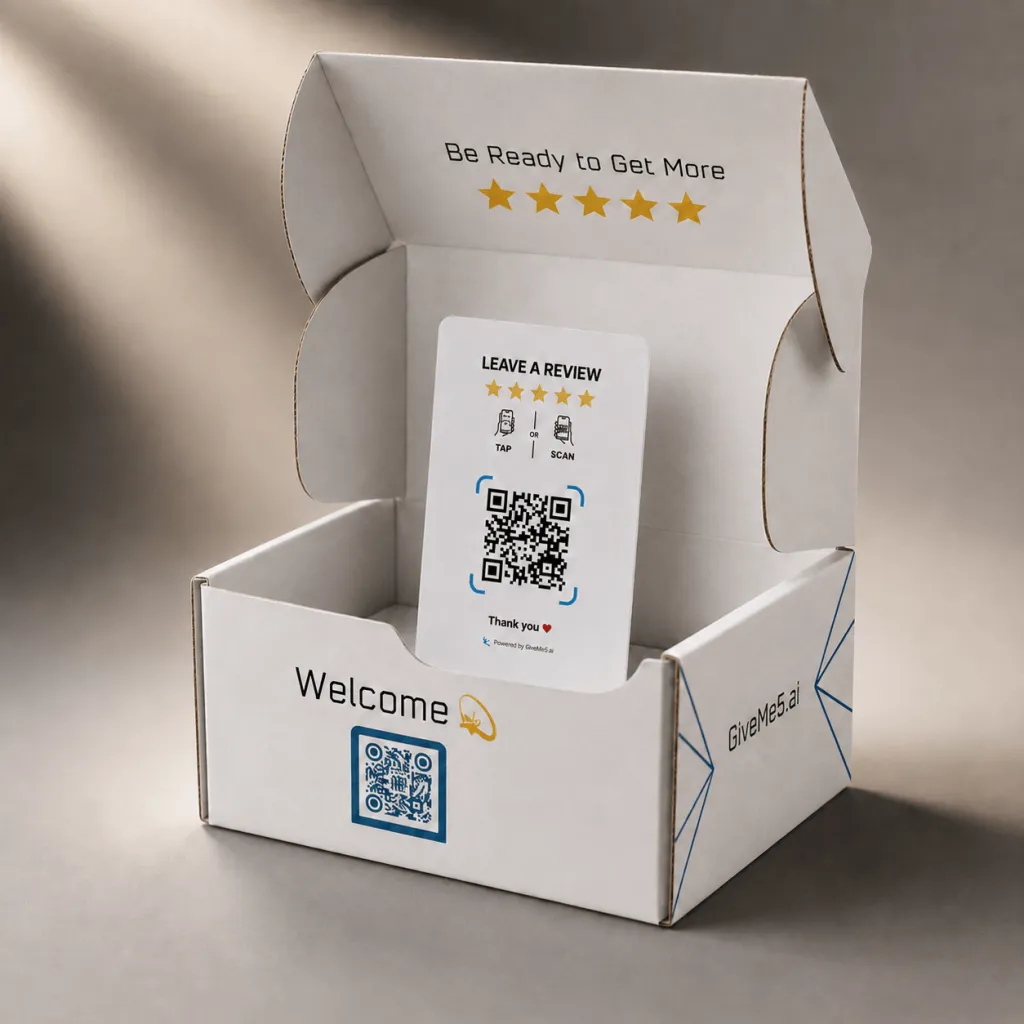 Carte d'évaluation GiveMe5 dans un kit de déballage de bienvenue