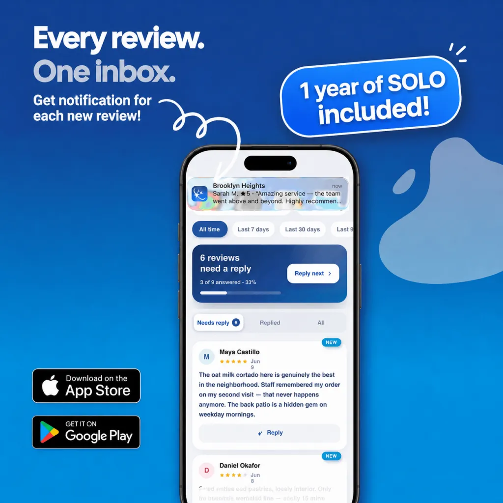 Graphique de l'application GiveMe5 : chaque avis dans une seule boîte de réception, avec une nouvelle notification d’avis et un badge d'un an de SOLO inclus