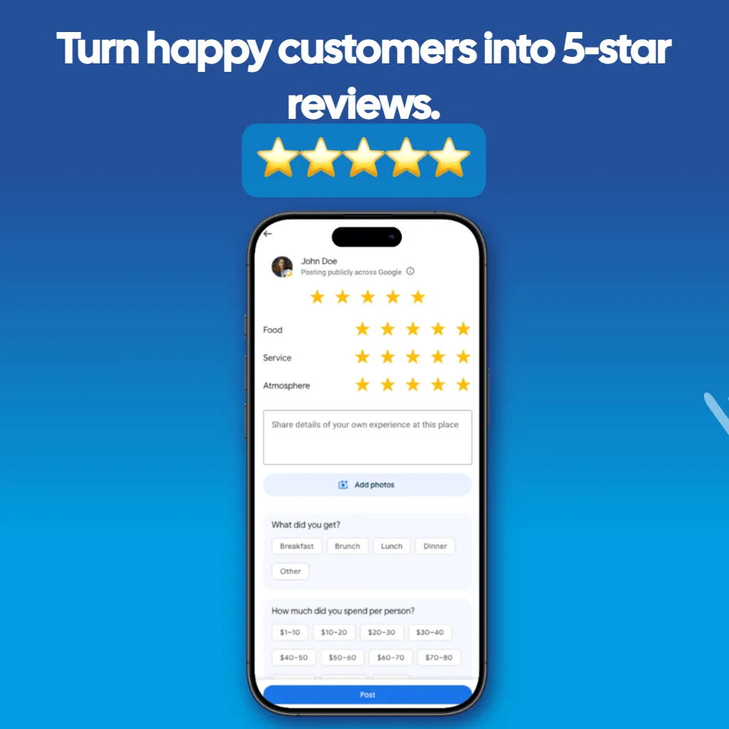 Graphique de l'application GiveMe5 : transformez des clients satisfaits en avis 5 étoiles, en affichant un formulaire d’avis Google