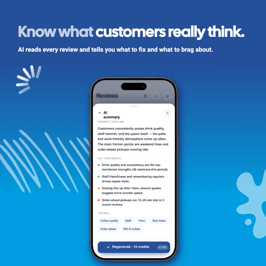 Graphique de l'application GiveMe5 : sachez ce que pensent réellement les clients. L'IA lit chaque avis et résume les principaux points à retenir