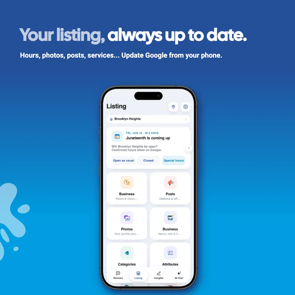 Graphique de l'application GiveMe5 : votre annonce, toujours à jour. Mettez à jour les horaires, les photos, les publications et les services Google depuis votre téléphone