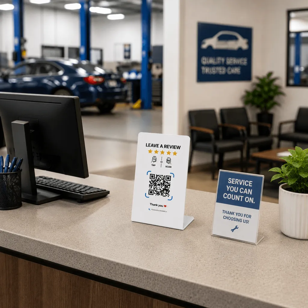 présentoir d’avis GiveMe5 dans un magasin automobile