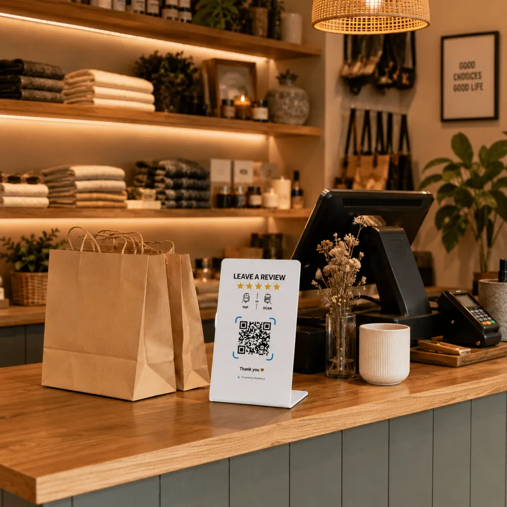 présentoir d’avis GiveMe5 dans une boutique de cadeaux